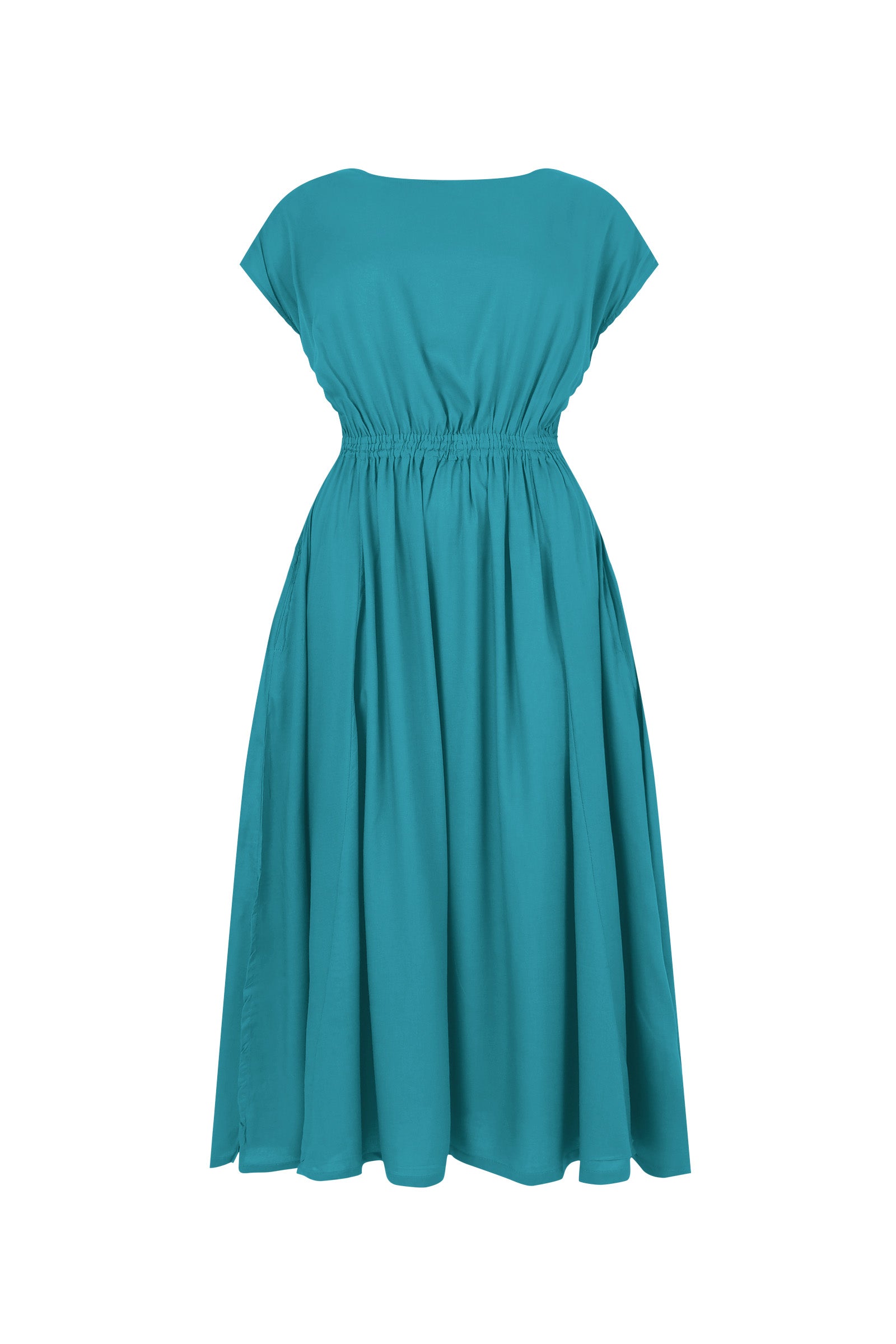 Teal long dress front view, short sleeves, gathered waist and pleated skirt