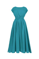 Teal long dress with gathered waist and short sleeves