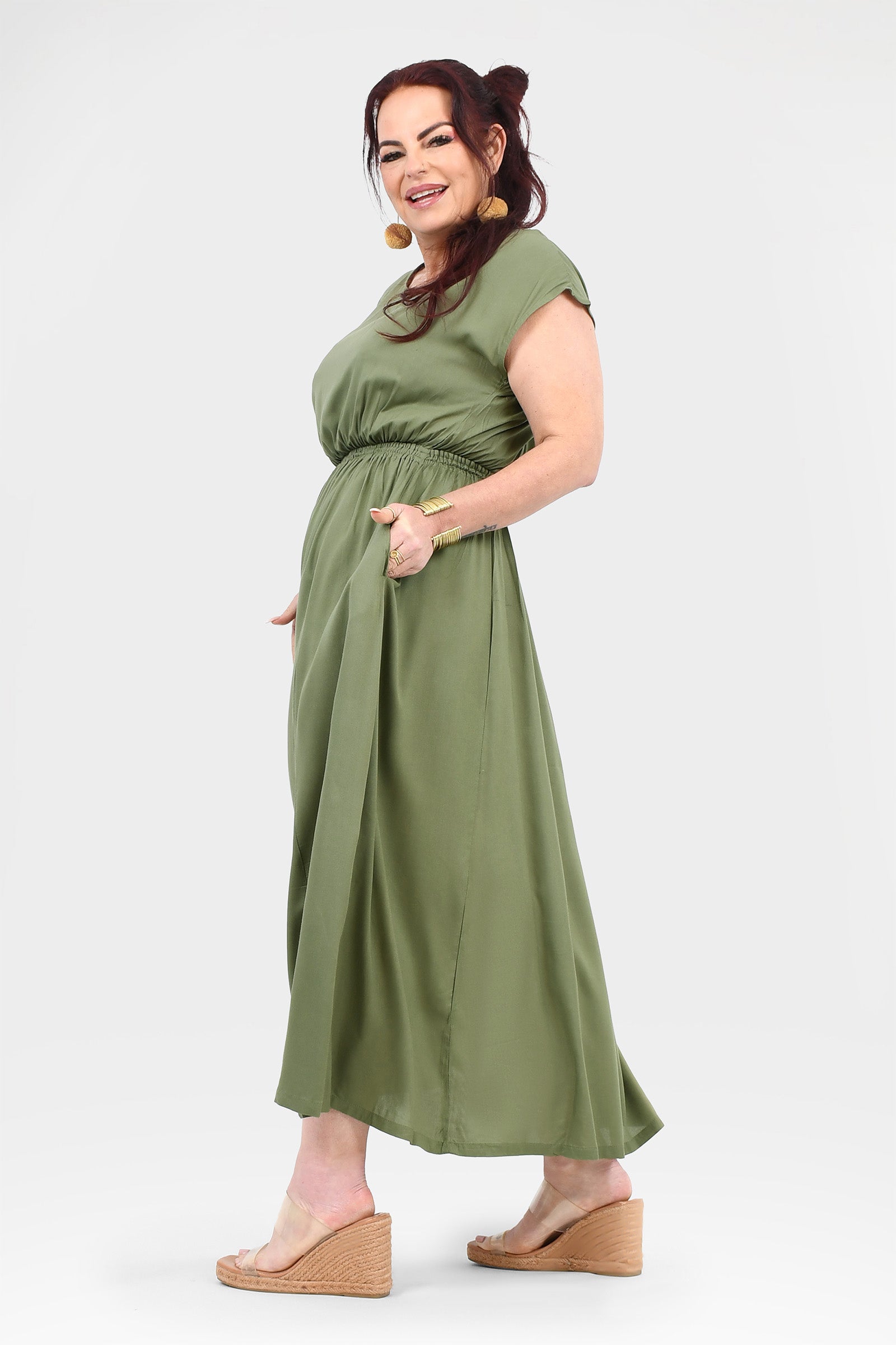 Olive green long maxi dress with ruched waist and short sleeves, front slit detail