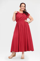 Dark red long dress with short sleeves and gathered waist, full circle skirt