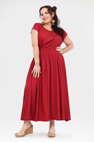Dark red long dress with short sleeves, gathered waist and midi-length A-line skirt