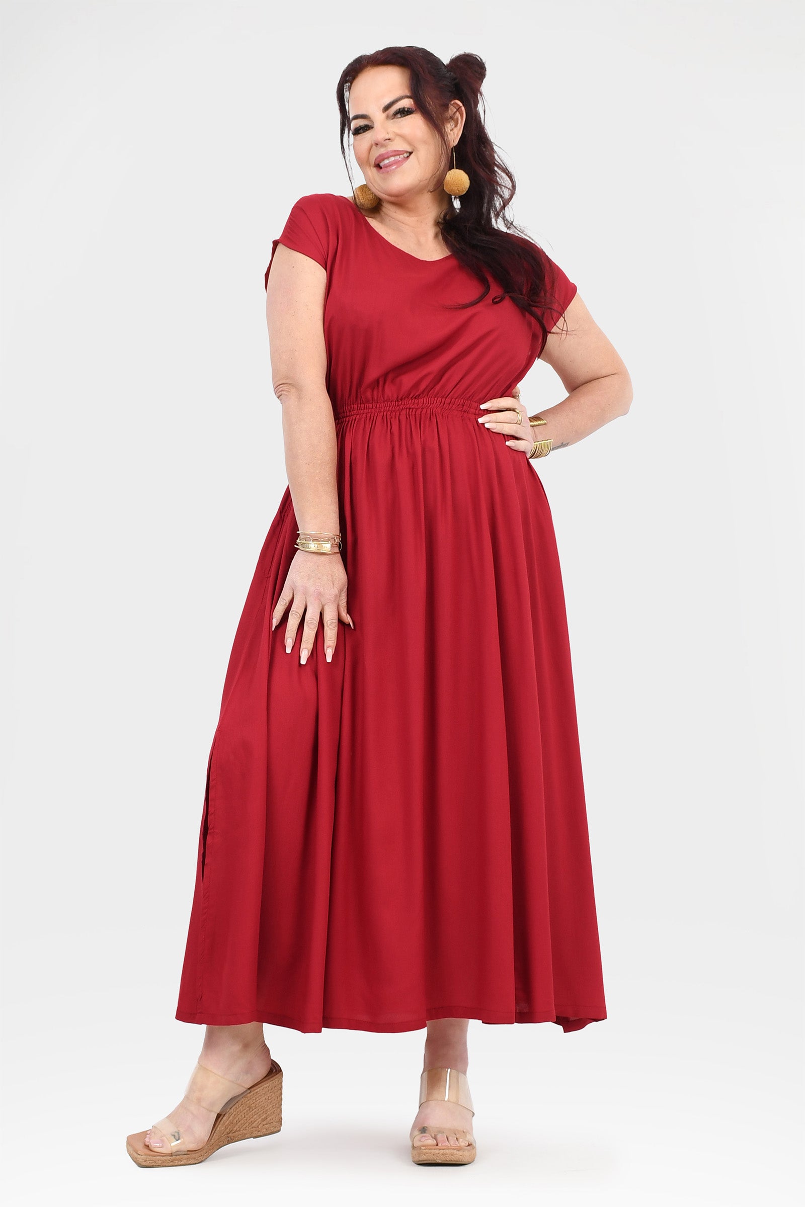 Dark red long dress with short sleeves, gathered waist and midi-length A-line skirt