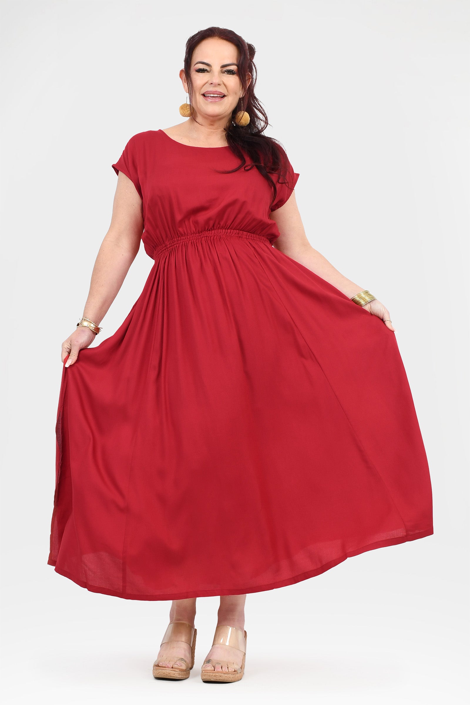 Dark red long dress with short sleeves, gathered waist and full skirt