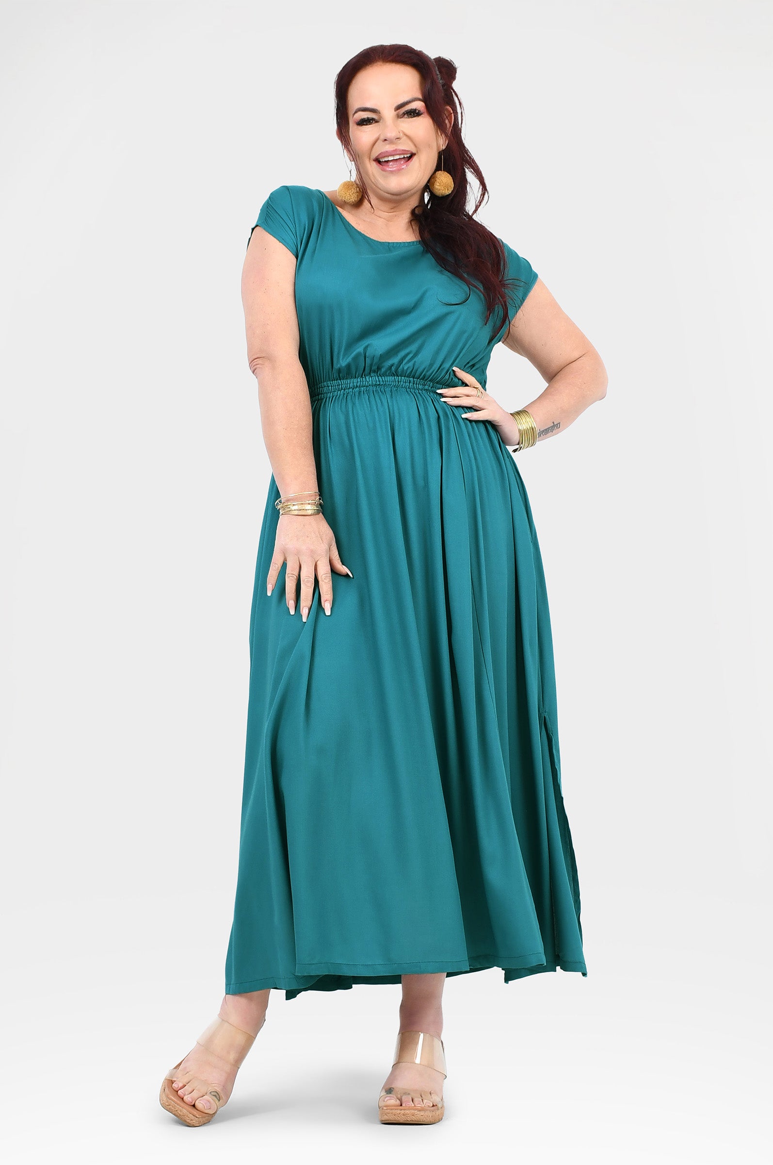 Teal long dress with short sleeves and elasticated gathered waist, flowy skirt