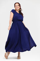 Dark blue long dress with gathered waist and short sleeves