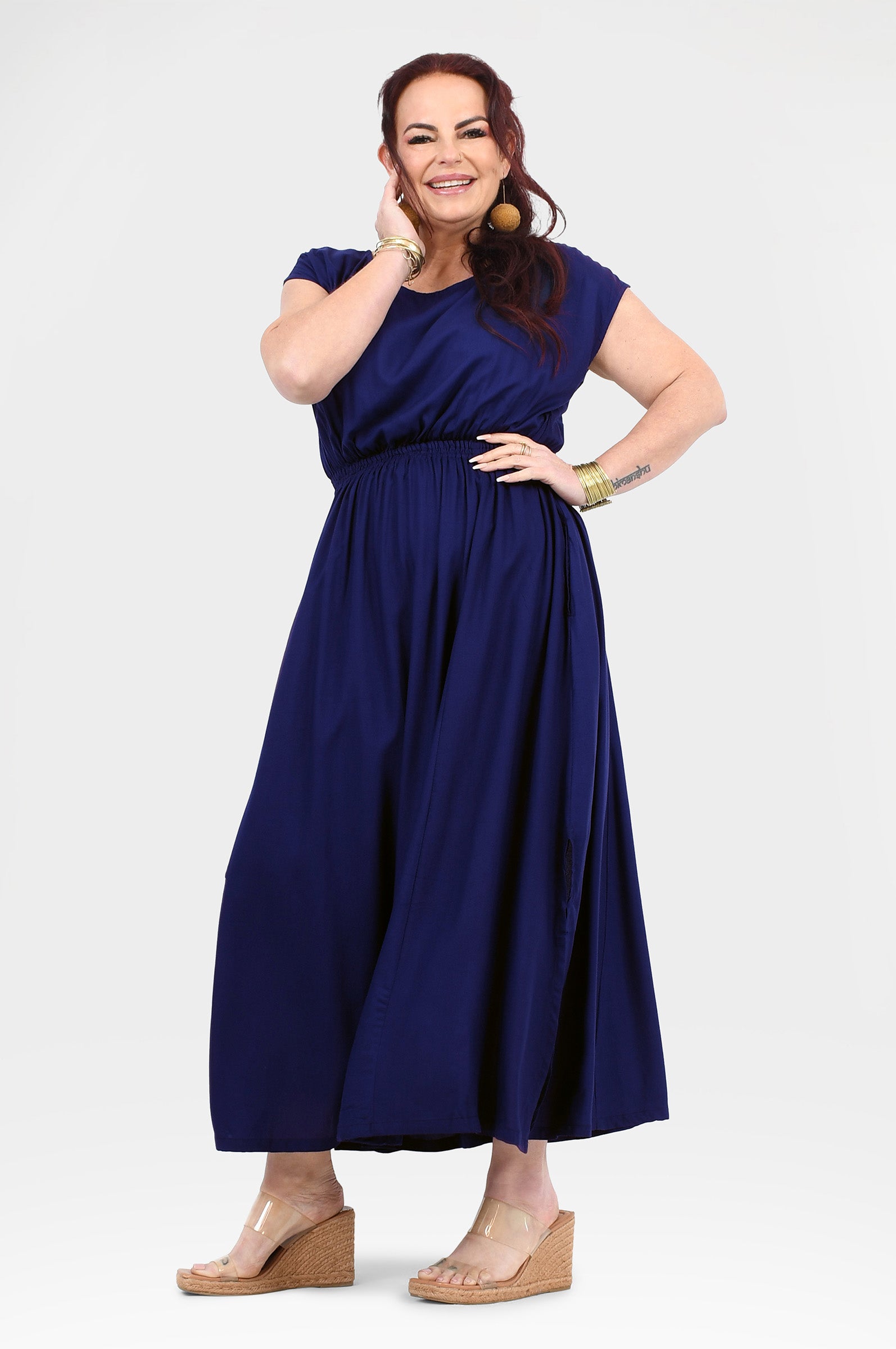 Dark blue long dress with short sleeves, elastic waist, and full A-line skirt