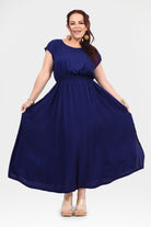 Dark blue long dress with gathered waist, short sleeves, and wide flared hem