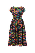 Dark printed midi dress with short sleeves and cinched waist