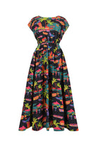 Solana long maxi dress, dark with tropical multicolor print and short puff sleeves
