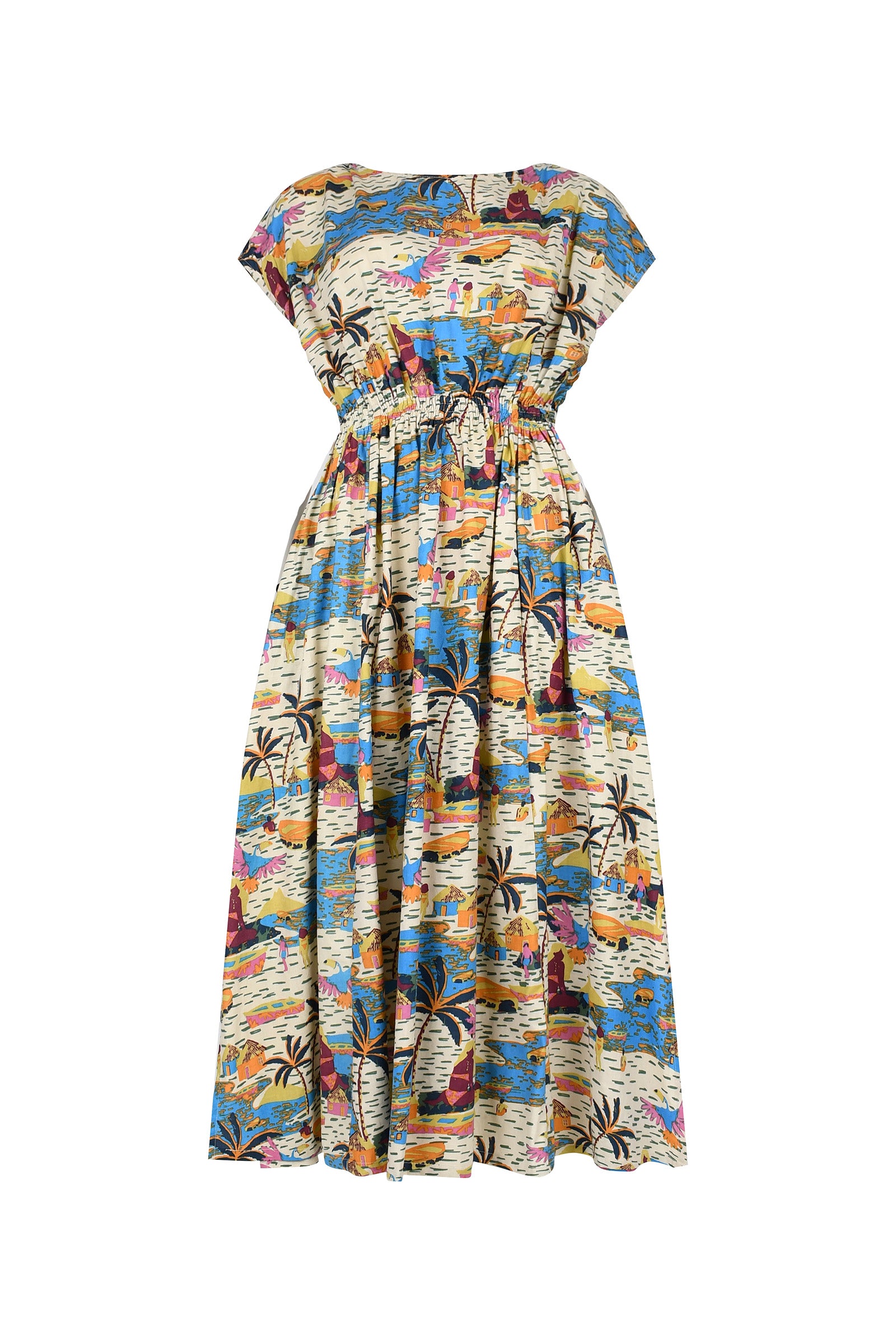 Long dress with scoop neck, multicolor cityscape print and gathered waist