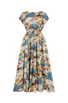 Colorful long dress with gathered waist, short-sleeve silhouette, city-and-jungle print