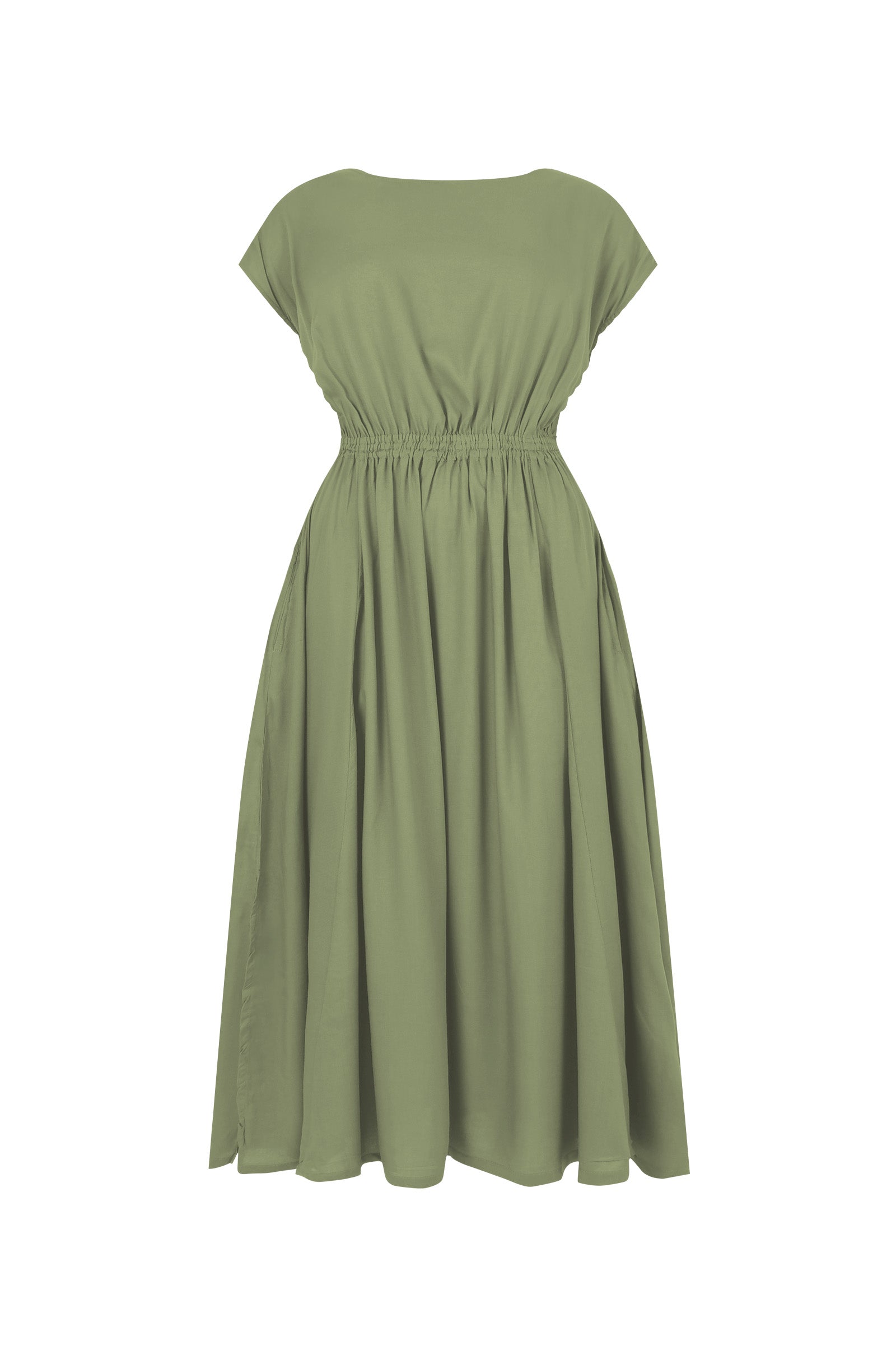 Back view of olive green long dress with gathered waist and short sleeves