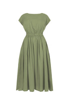 Back view of olive green long dress with gathered waist and short sleeves