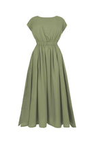 Pistachio green long dress with gathered waist and short sleeves