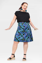 Abstract teal, purple and blue skirt with wide waistband and flared hem