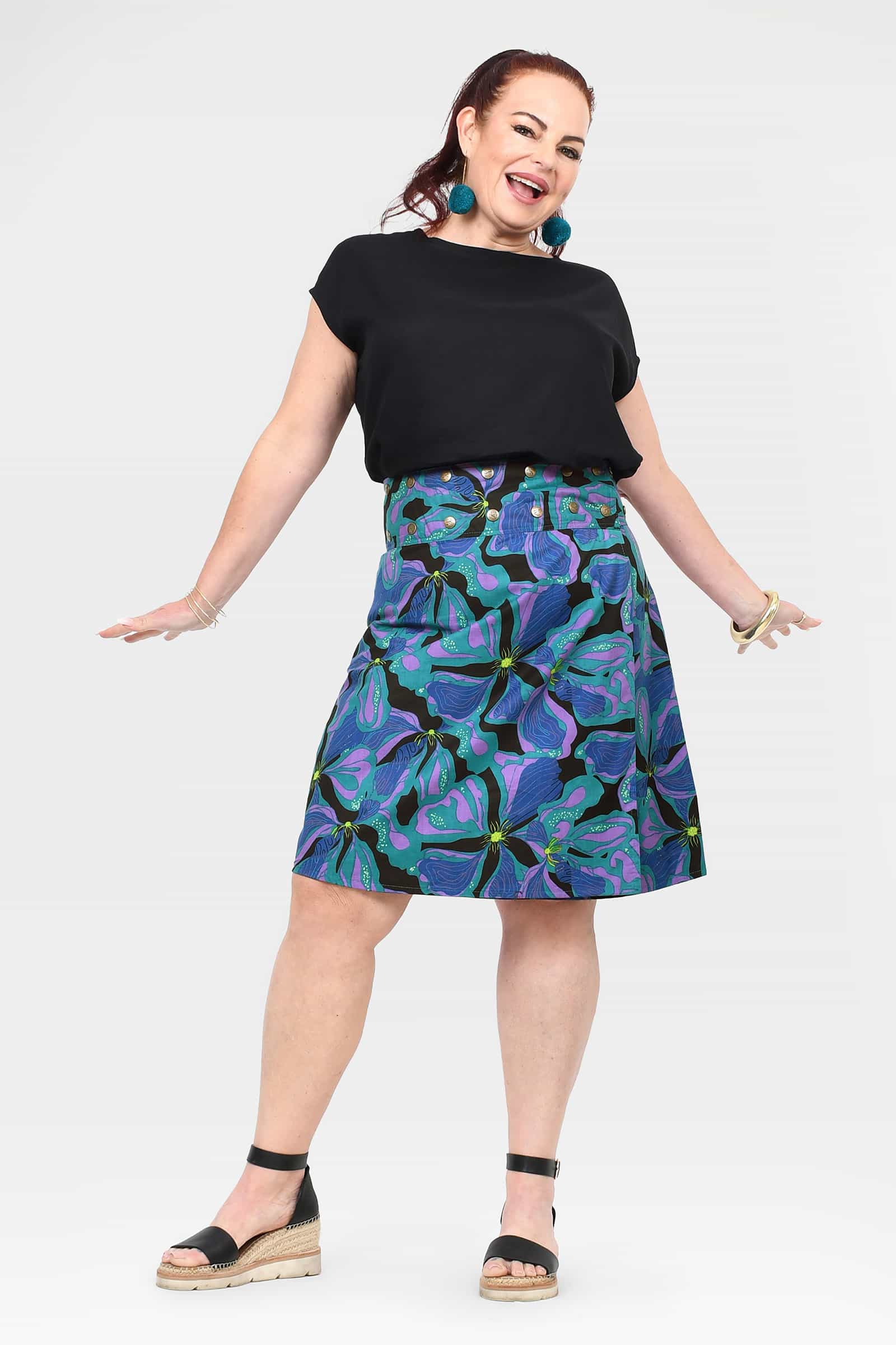 Abstract teal, purple and blue skirt with wide waistband and flared hem