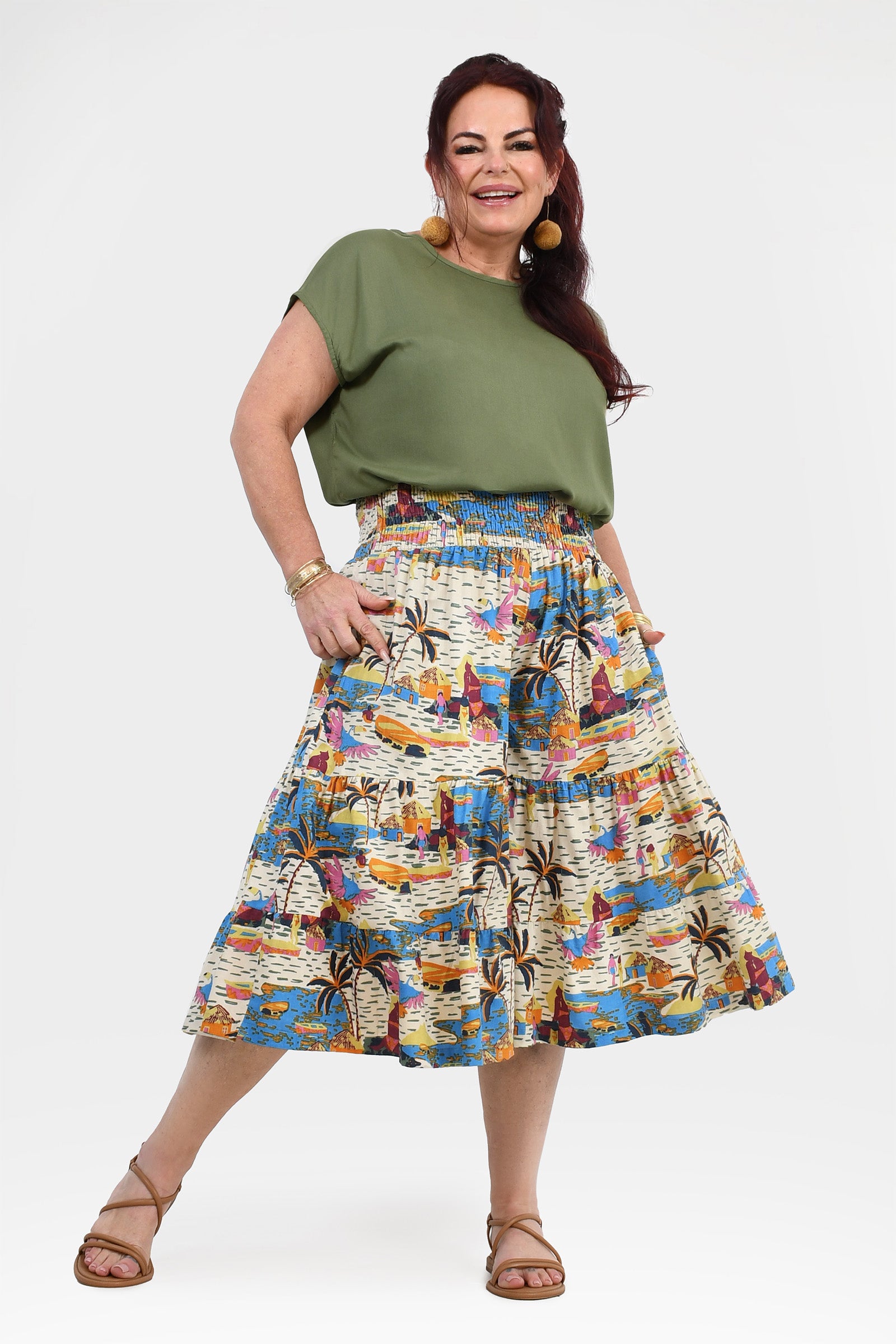 3/4 length skirt pants in blue, orange, and white tropical print, A-line tiered look