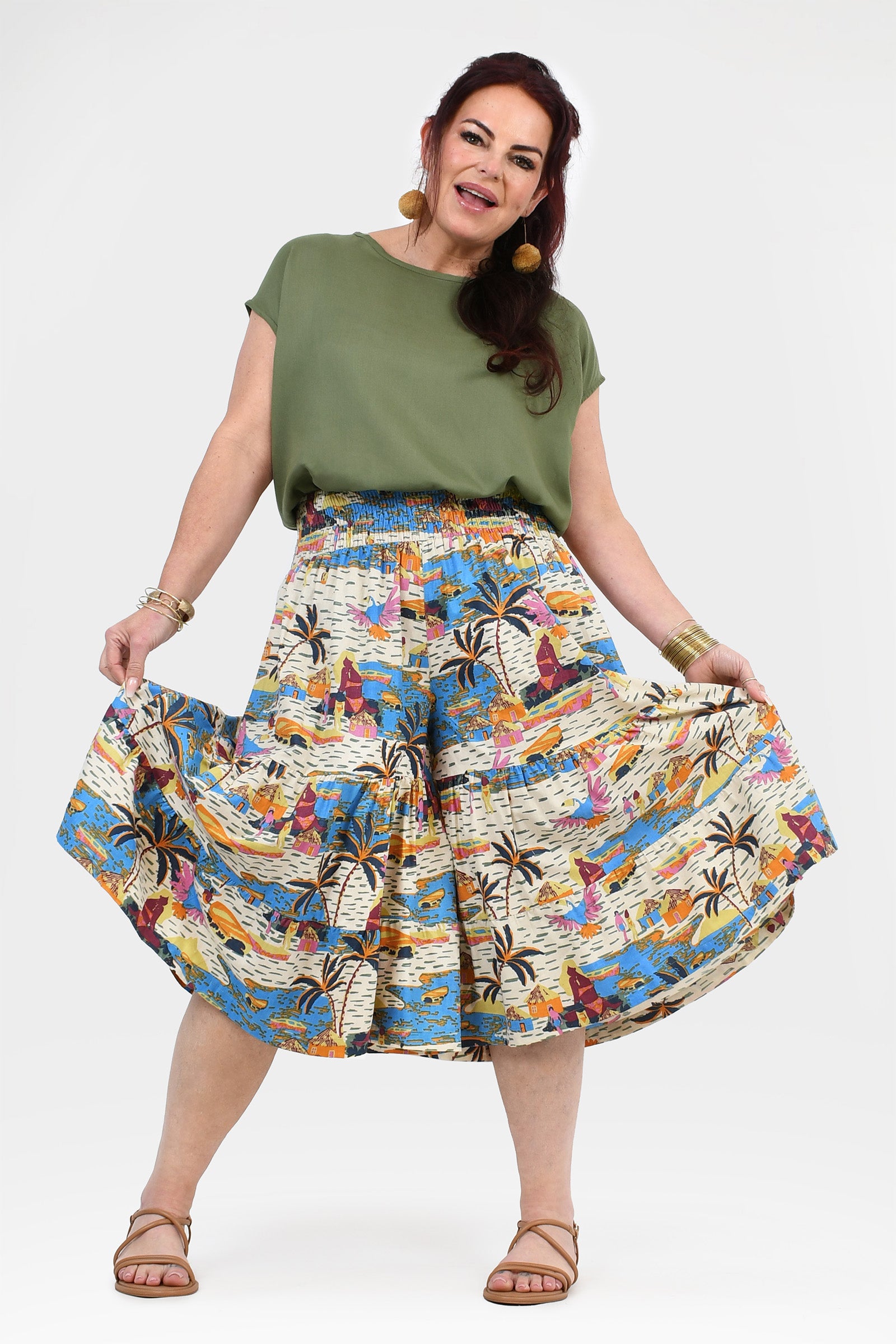 3/4 length skirt pants with multicolor tropical print and wide gathered waistband