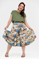 3/4 length skirt pants with multicolor tropical print and wide gathered waistband