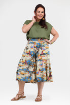 3/4 length skirt pants in multicolor tropical print with straight front and gathered hem