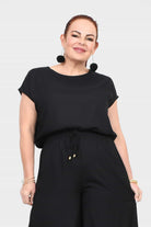 Black short-sleeve pullover top with relaxed drape and crew neckline