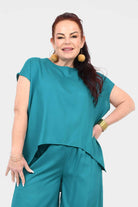 Nora top in teal, short-sleeve crew neck with draped curved hem