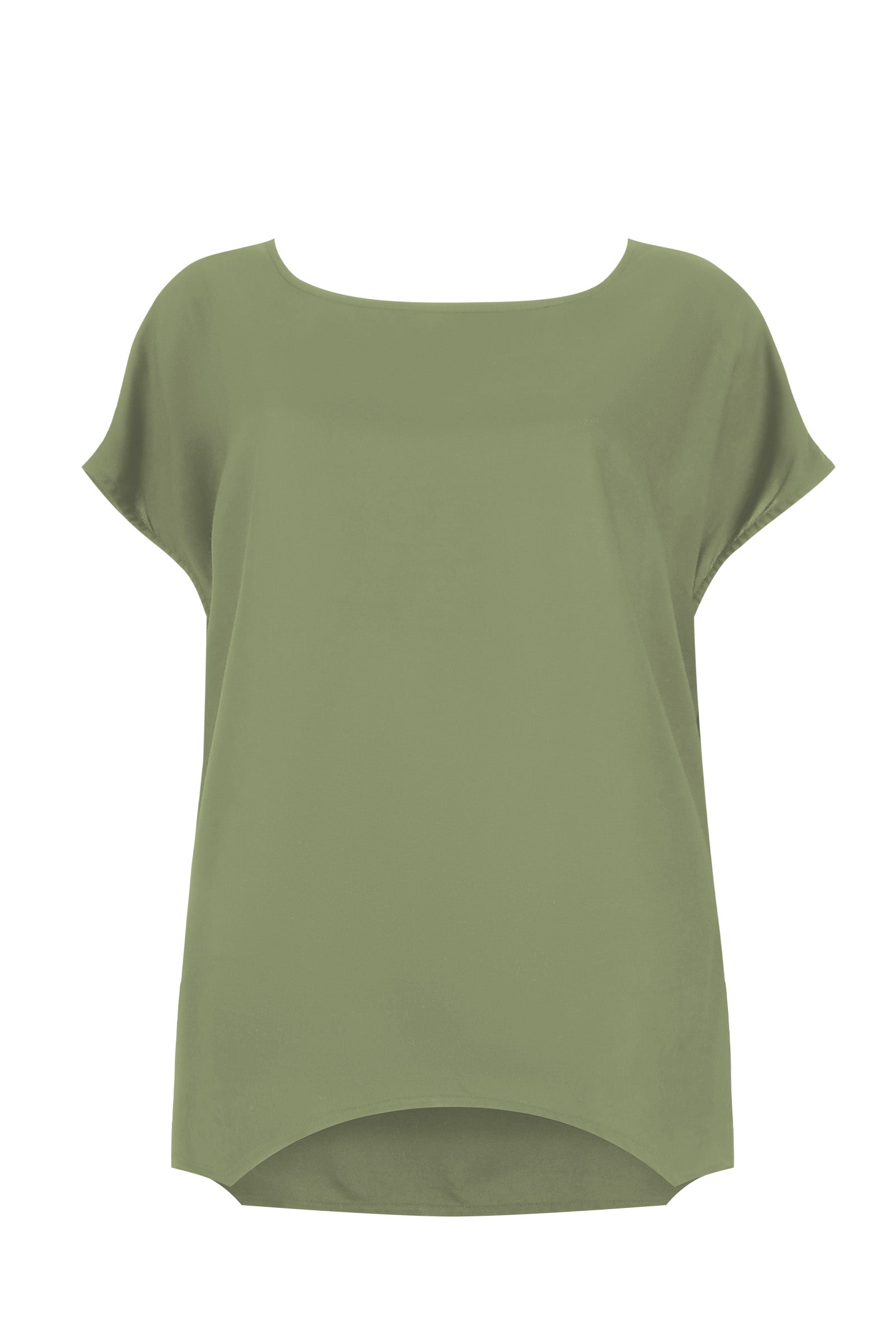 Nora top in pistachio green, short-sleeve crew neck with curved hem