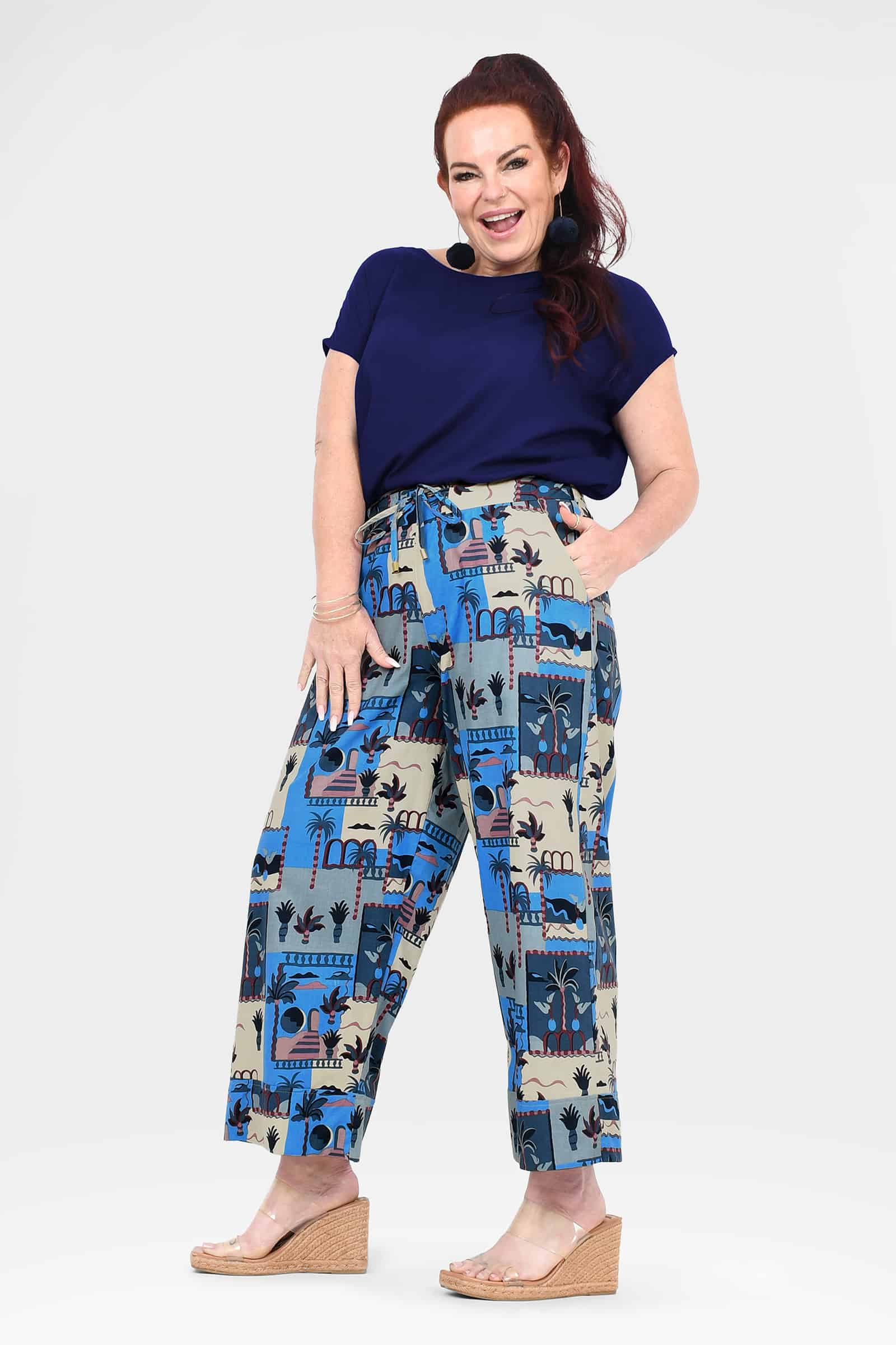 Tully pants with wide-leg elastic waist and colorful blue/cream landmark print