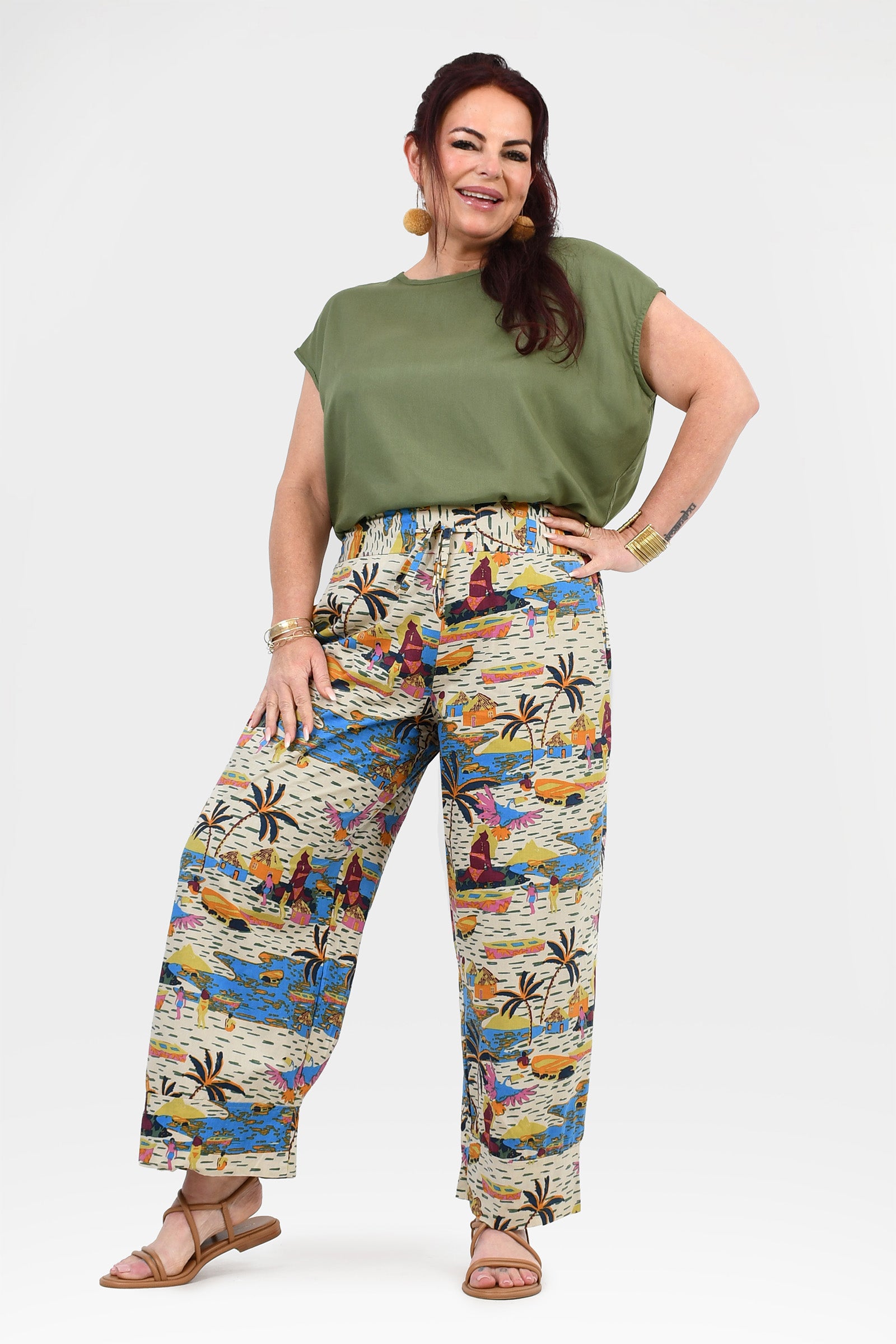 Multicolor patterned wide-leg pants with off-white background, full front view