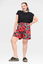 Tully shorts with colorful abstract print, drawstring elastic waist, front view