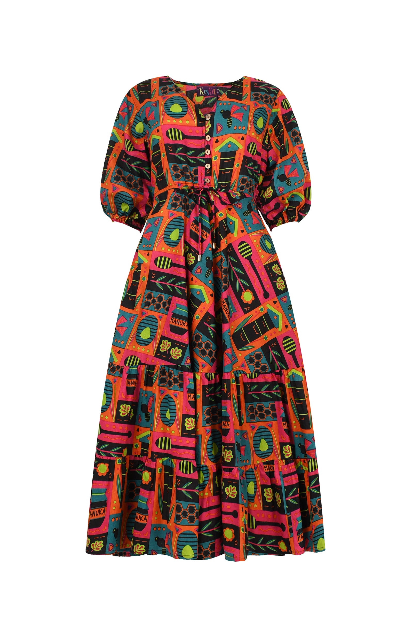 Printed midi dress with puff sleeves, button front, gathered waist, colorful abstract pattern