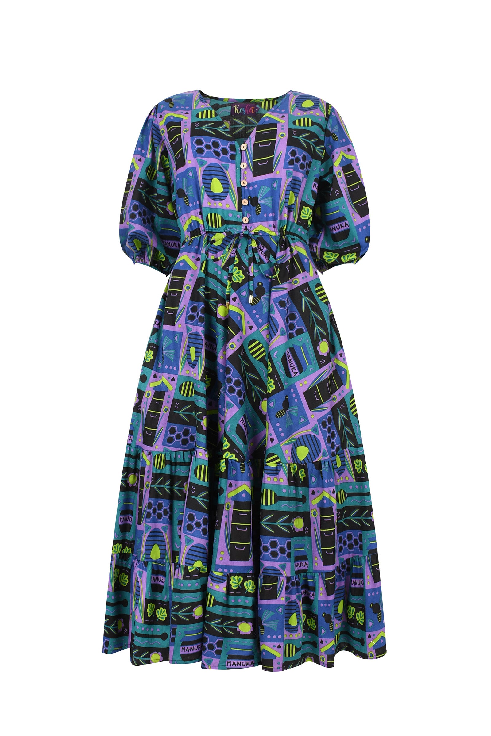 Printed midi dress with puff sleeves, button front, gathered waist, teal and purple abstract print
