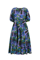 Printed midi dress with puff sleeves, button front, gathered waist, teal and purple abstract print