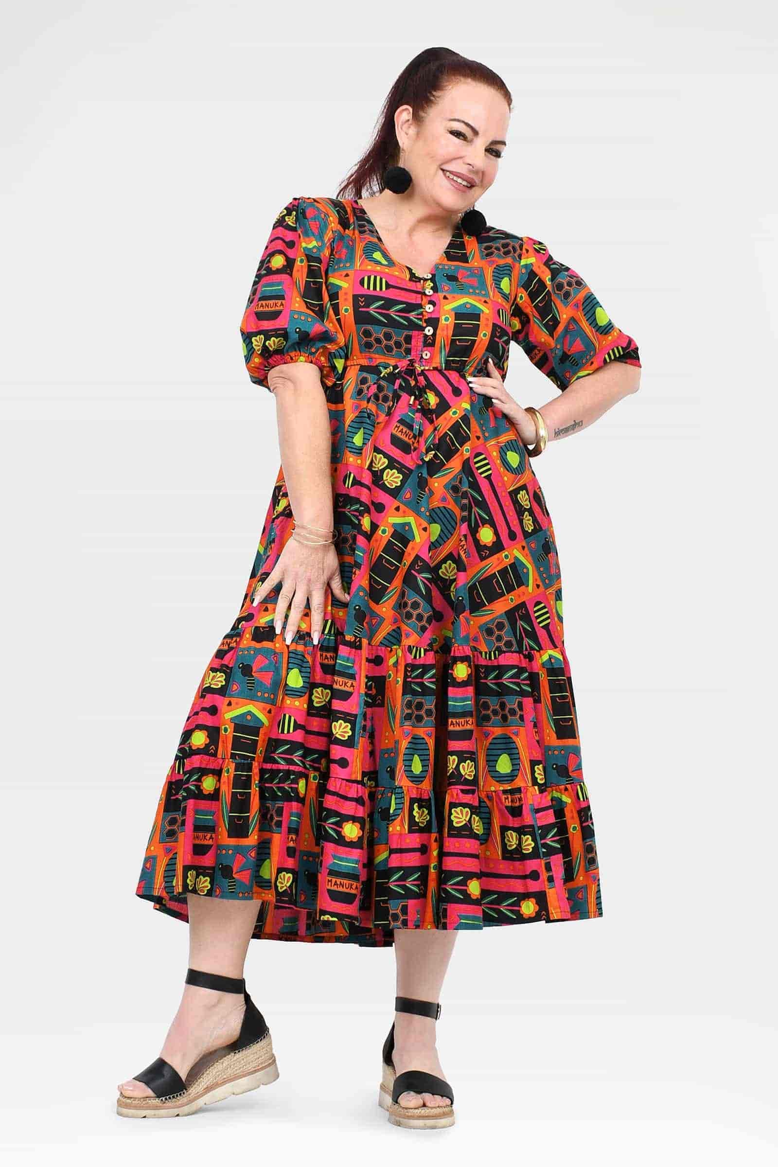 Women's A-line midi dress, short sleeves, V-neck, multicolor graphic print
