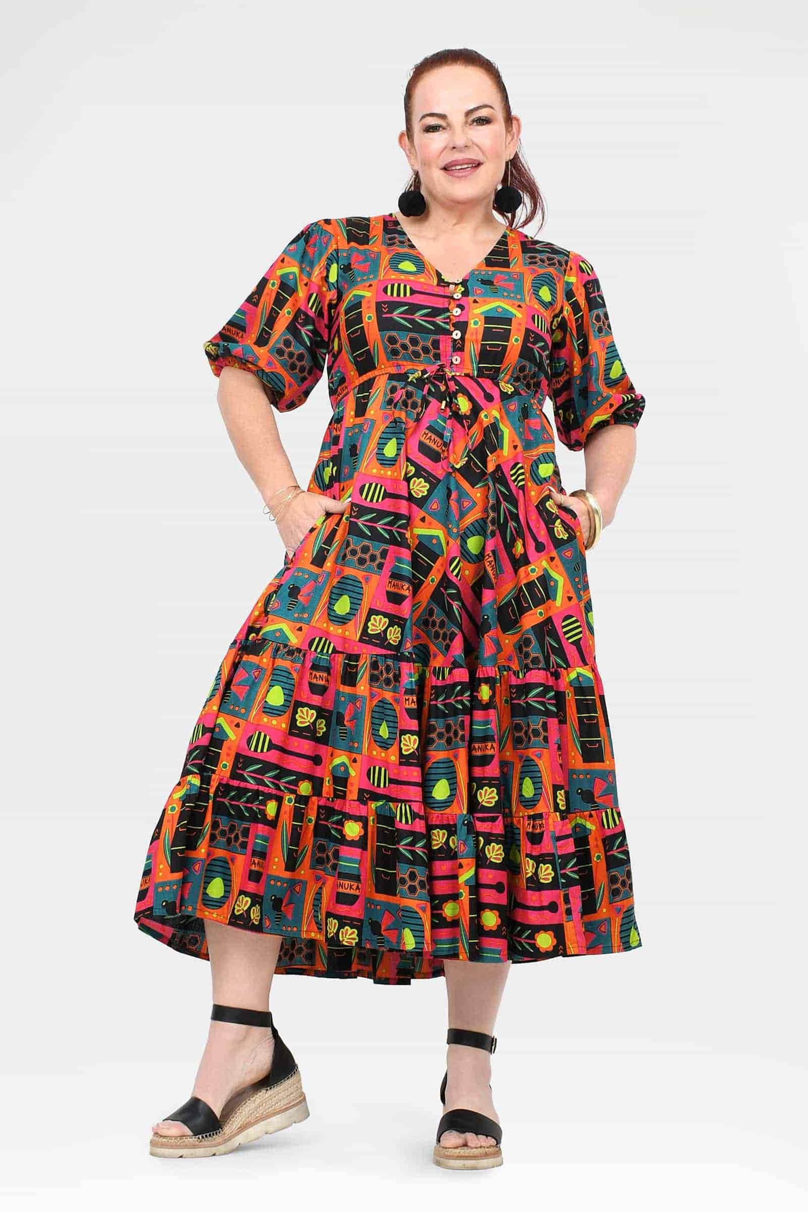 Women's A-line midi dress with short sleeves and V-neck, bold multicolor print