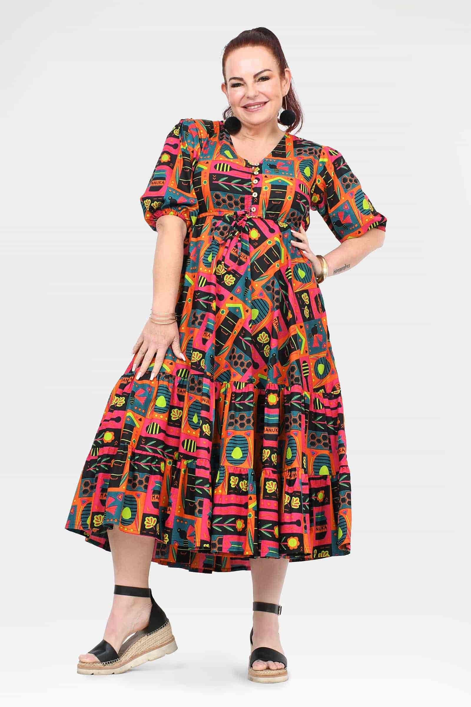 Women's V-neck midi dress, short sleeves, flared tiered skirt, multicolor print