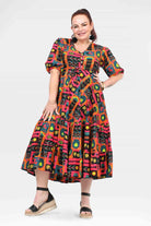 Women's V-neck midi dress, short sleeves, flared tiered skirt, multicolor print