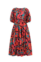 Printed midi dress with puff sleeves, button front, gathered waist, red and teal abstract pattern