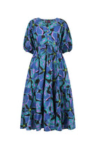 Printed midi dress with puff sleeves, button front, gathered waist, blue and purple abstract print