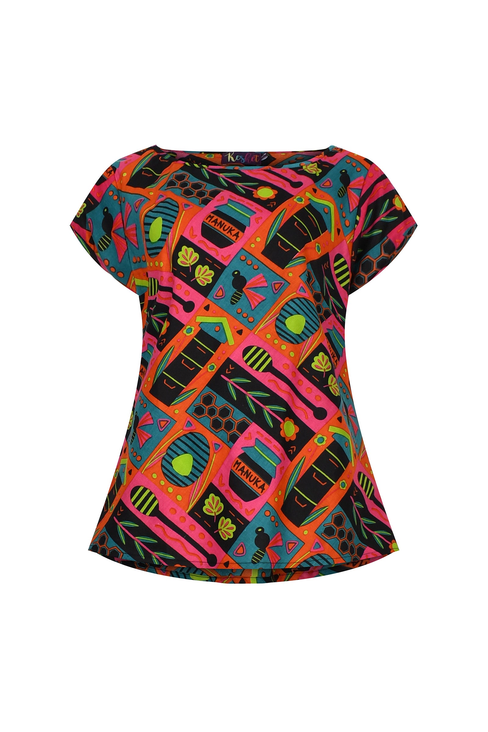 Multicolor printed short-sleeve dress with graphic pattern, round neckline