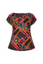 Multicolor printed short-sleeve dress with graphic pattern, round neckline