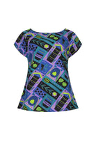 Purple and teal printed short-sleeve dress with bold geometric pattern, round neckline