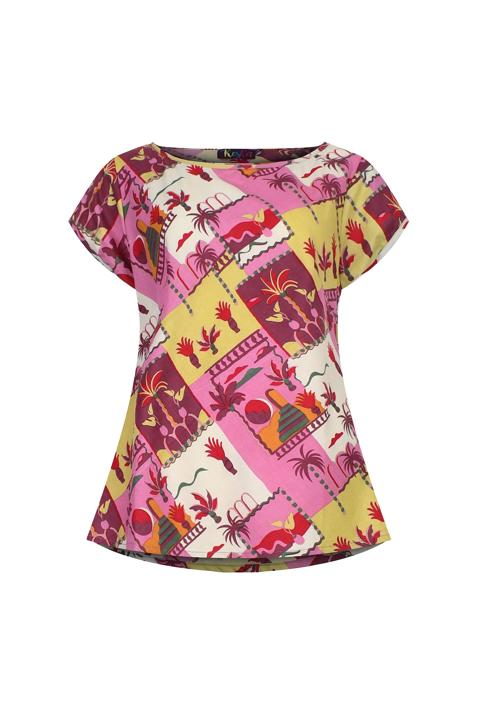 Pink printed short-sleeve dress with floral and bird motifs, round neckline