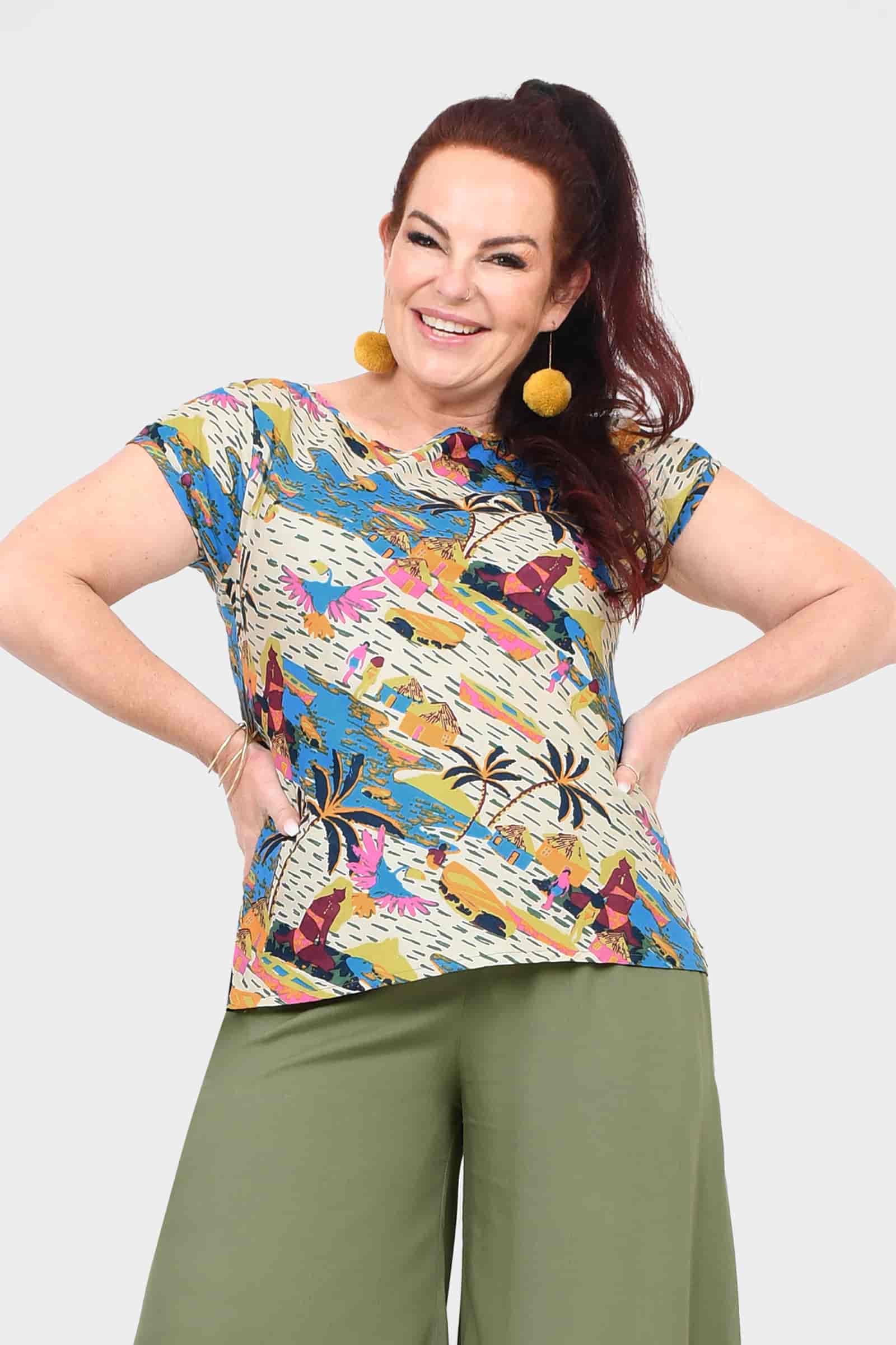 Women's front-view short-sleeve crewneck tee, white with bright abstract print