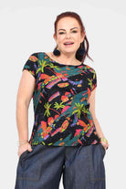 Short-sleeve graphic tee in dark multicolor tropical print, crew neckline