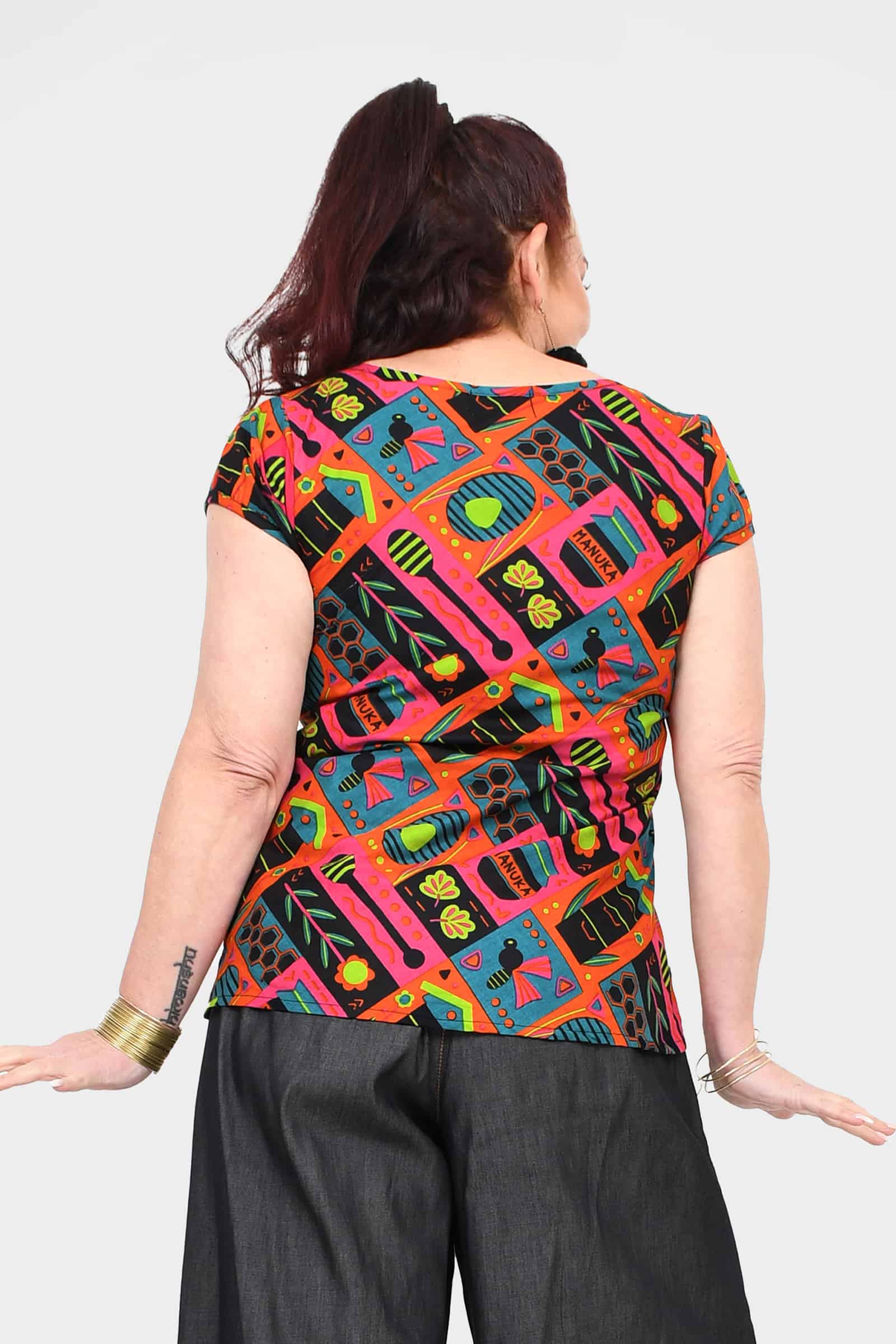 Back view of multicolor graphic T-shirt, crew neck, short sleeves