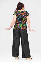 Black denim wide-leg long pants with contrast seam stitching, back view