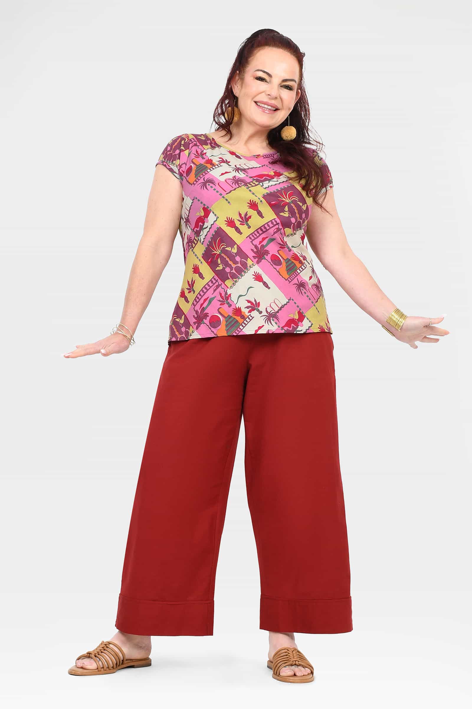 Dark red wide-leg cropped pants with drawstring waist and front pockets