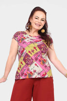 Pink patchwork print T-shirt with crew neck and ruffled hem, front view