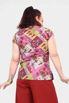 Pink patchwork print T-shirt with crew neck and ruffled hem, back view